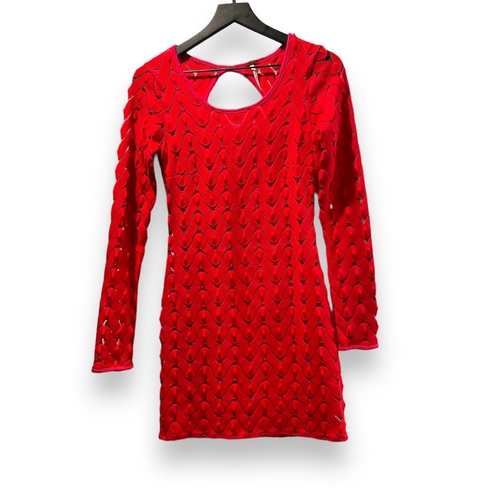 Free People Red and pink Textured long sleeve dress